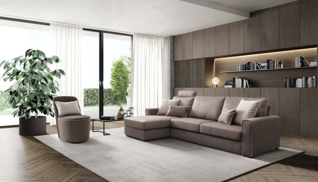 Canapea LeComfort Icaro într-un living modern, luminoasă, în nuanțe naturale – design italian premium