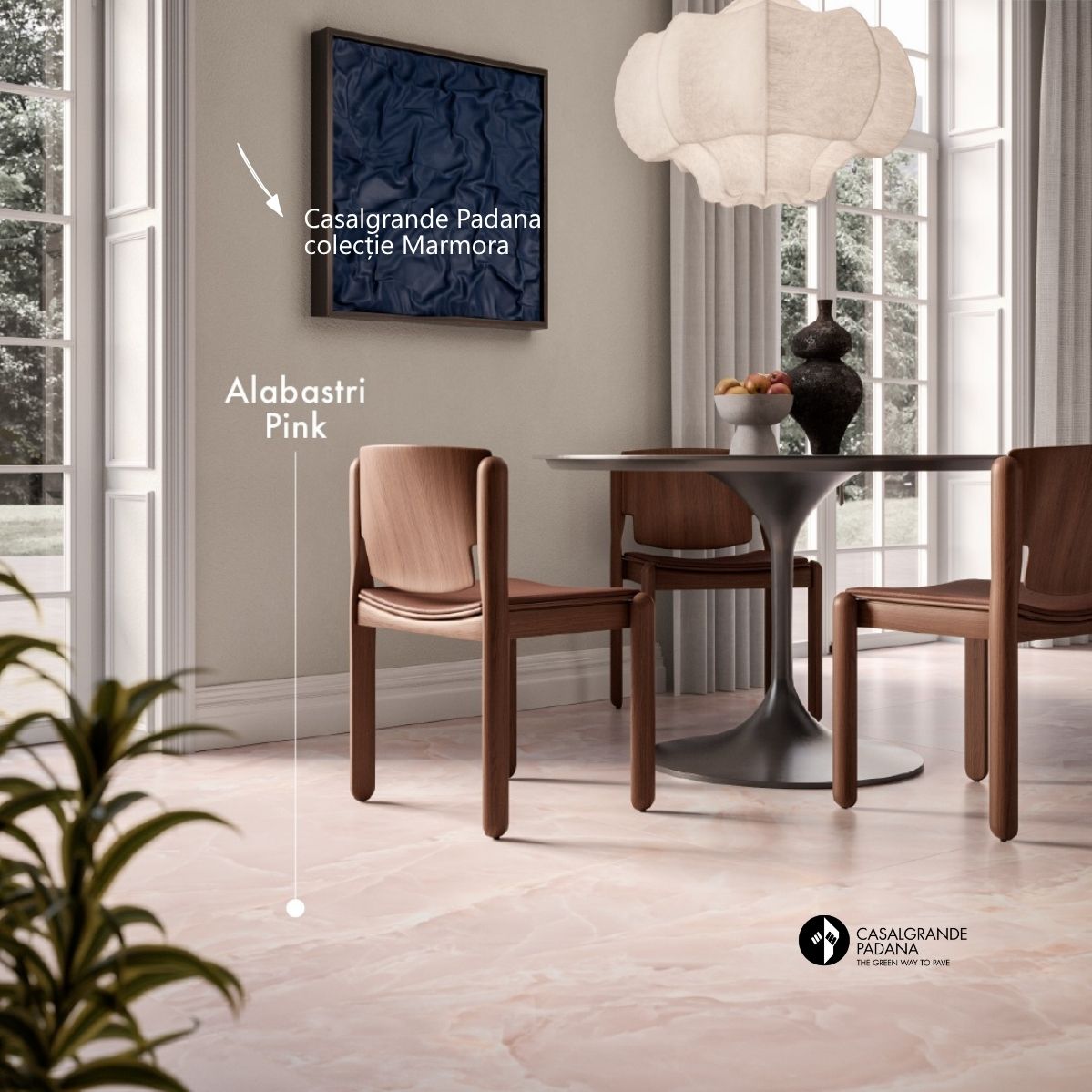 Gresia de culoare Pink Alabastri de la Casalgrande Padana, colectia Marmora,oferă un ambient calm, cald și ușor de asortat cu orice stil de amenajare interioară.